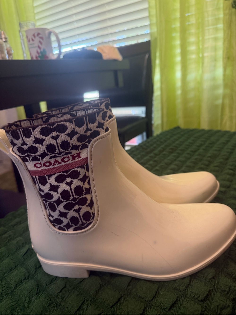 Coach White Rain Boots with Brown & White Signature Cuff - Picture 4 of 9